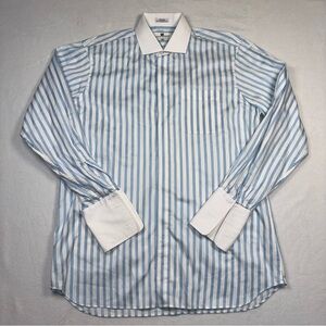 Italo Mondo Dress Shirt Mens Tall 17 1/2” 36-37 Blue White Stripe French Cuff